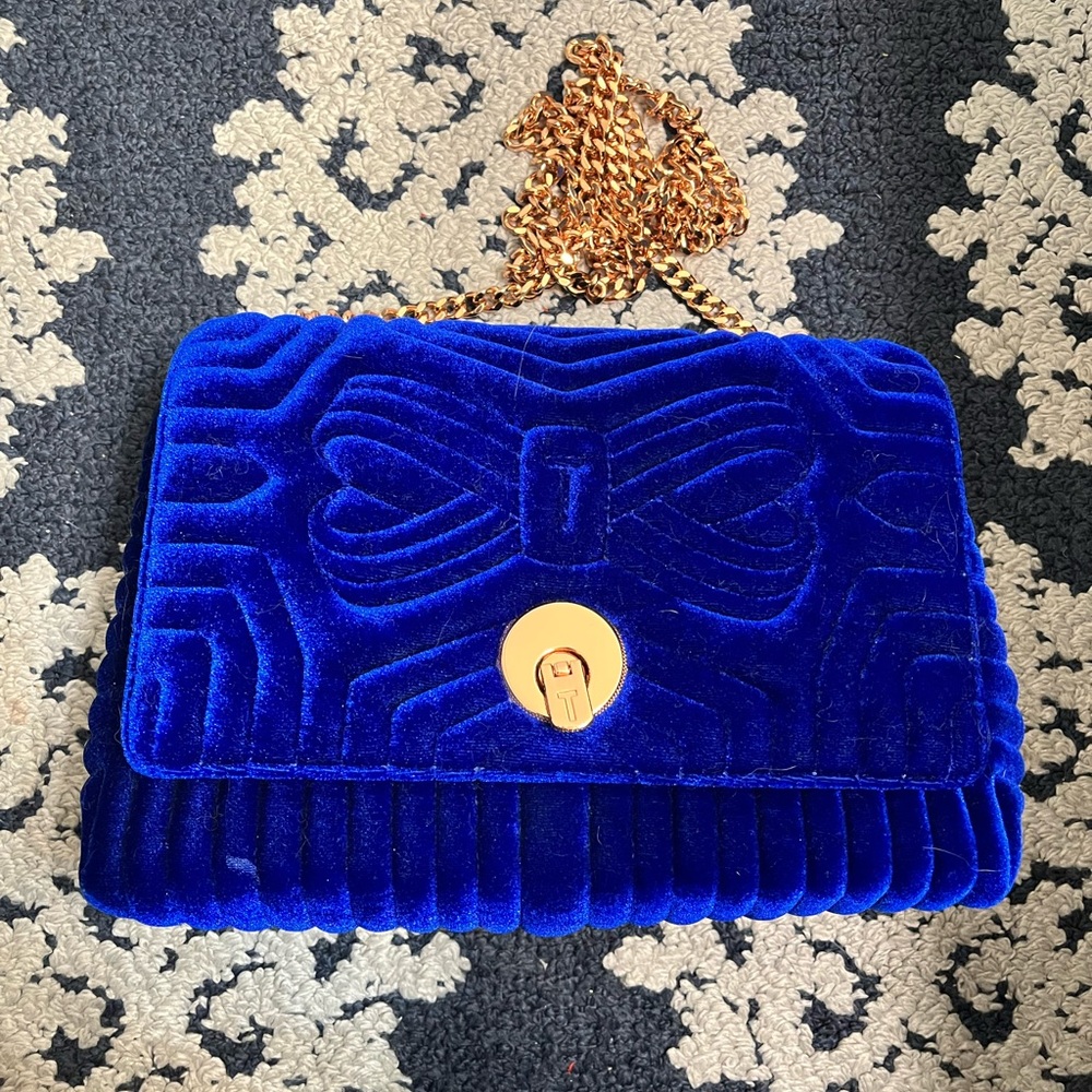 Ted Baker Royal Navy Velvet Crossbody Purse with Rose Gold Chain